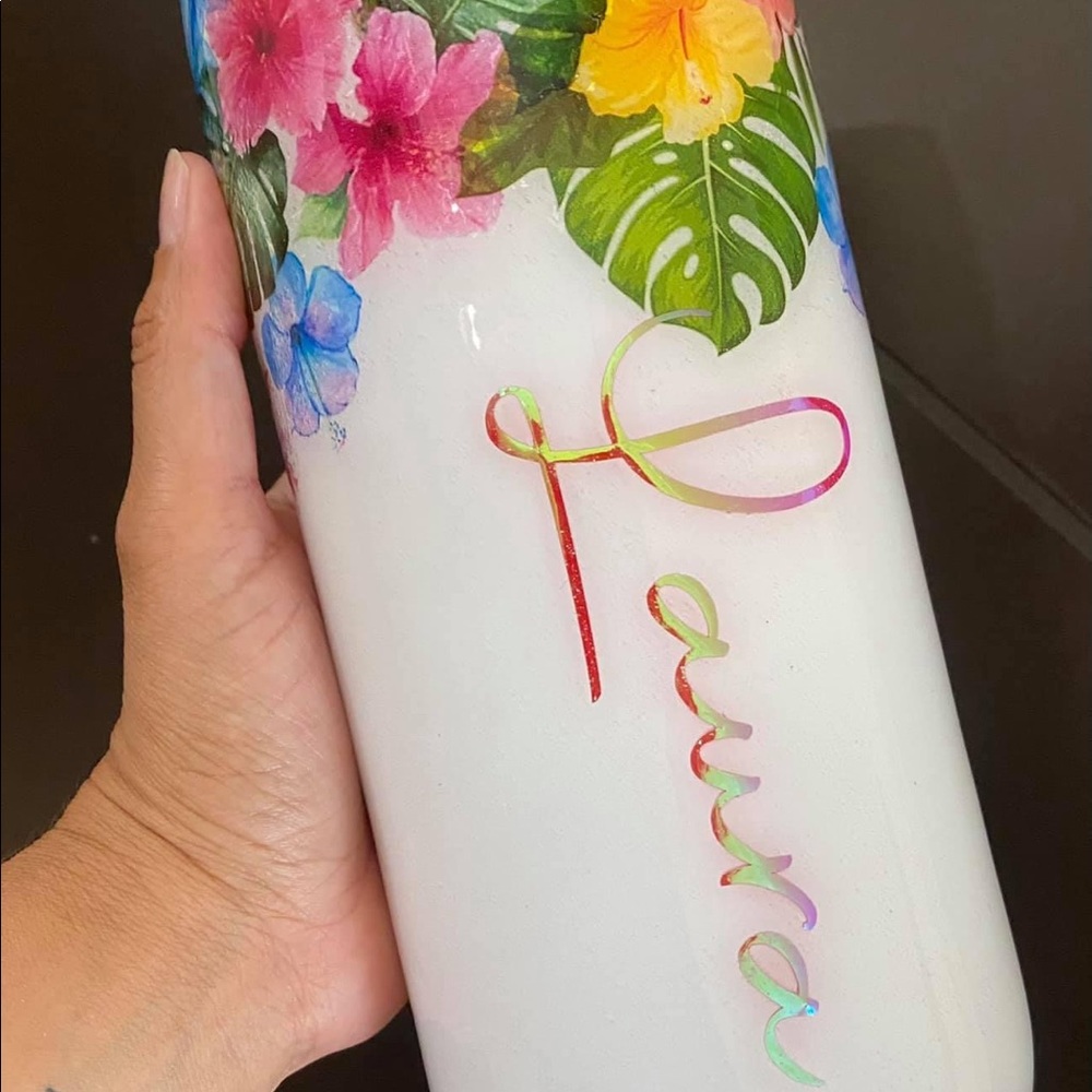 20oz Stainless Steel Tropical Leaves  Custom Glitter  Tumbler - Picture 4 of 11